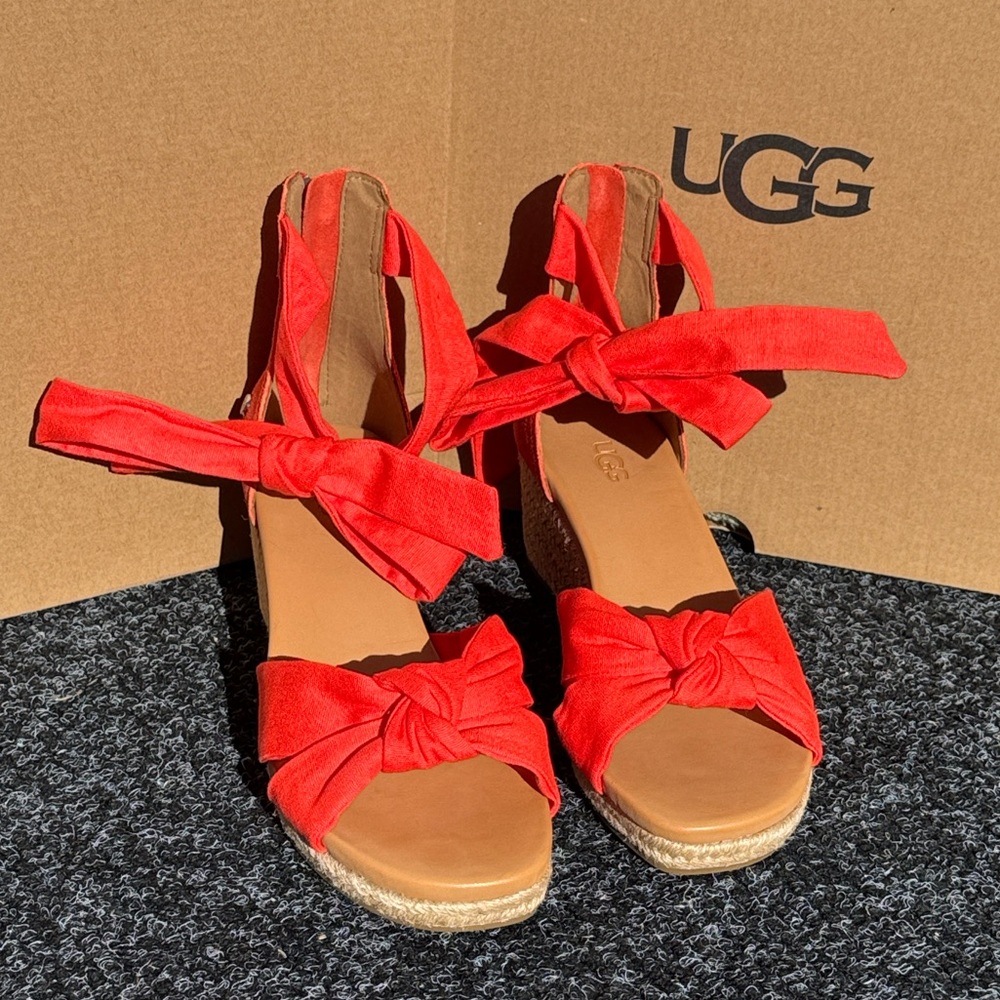 UGG Yarrow Espadrille Wedge Sandal Coral Suede Ankle Tie - Picture 2 of 14